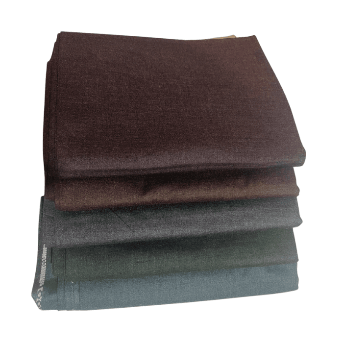 Stack of Anmol wool-blend men's winter suiting fabrics in brown, chocolate, charcoal and slate