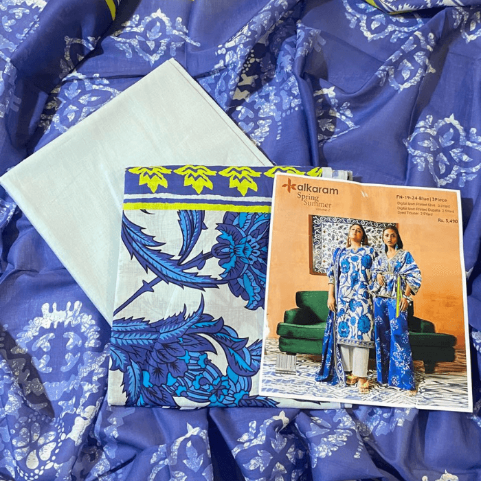 3pc unstitche alkaram d digital lawn printed shirt 3.0 yard digital printed 2.5 yard dupatta and dyed trouser 2.5 yard