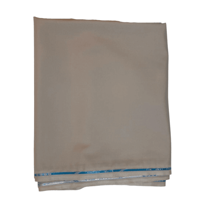 Folded creamy sand beige Royal Elite men's suiting fabric with blue selvage