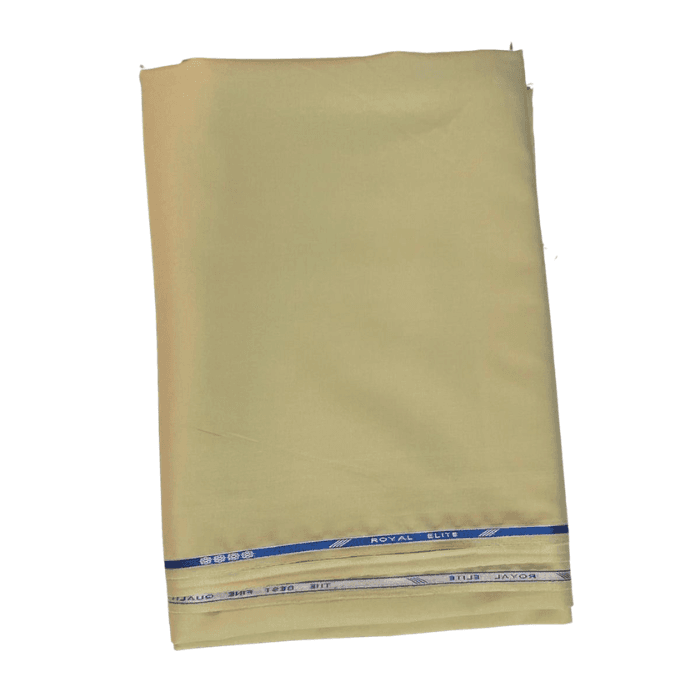 Folded sandstone beige Royal Elite men's suiting fabric with blue selvage