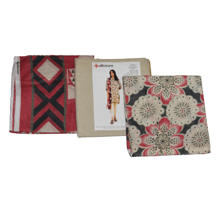 Alkaram 3-Piece Printed Lawn β Red Tribal & Blue Mosaic