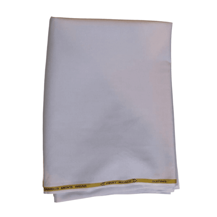 Folded bright white Grace Sportage men's suiting fabric with gold selvage