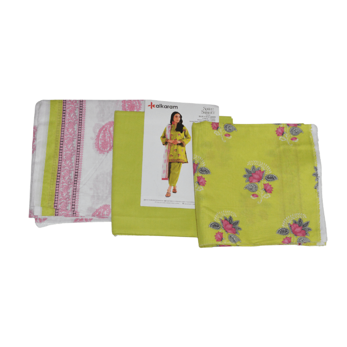 Alkaram 3-Piece Printed Lawn β Lime Floral & Pink Stripe