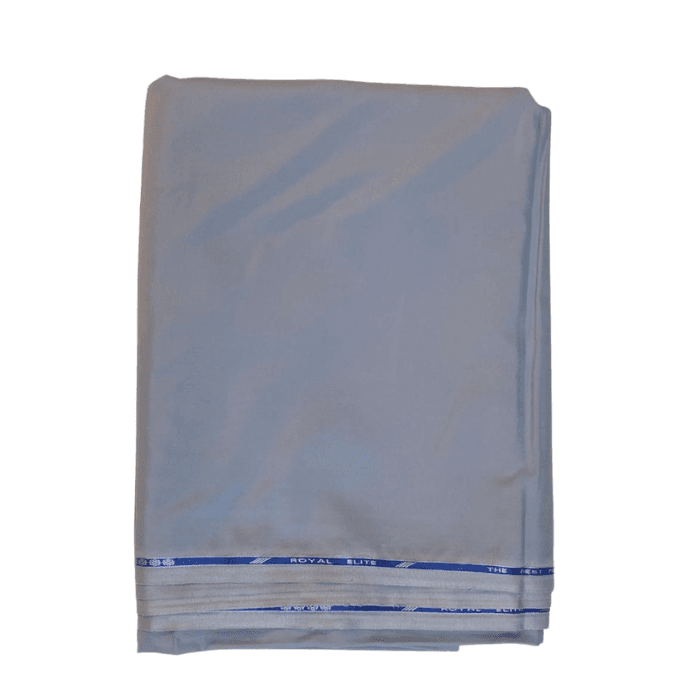 Folded warm pale grey Royal Elite men's suiting fabric with blue selvage