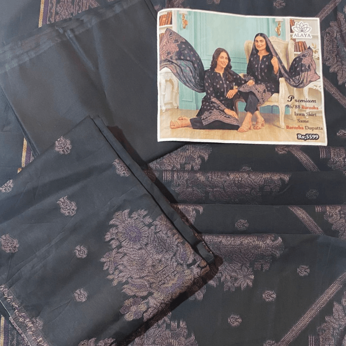 ALAYA  premium 96/88 barosha lawn shirt same dupatta dyed touser