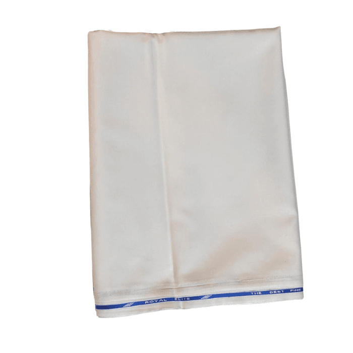 Folded off white Royal Elite men's suiting fabric with blue selvage