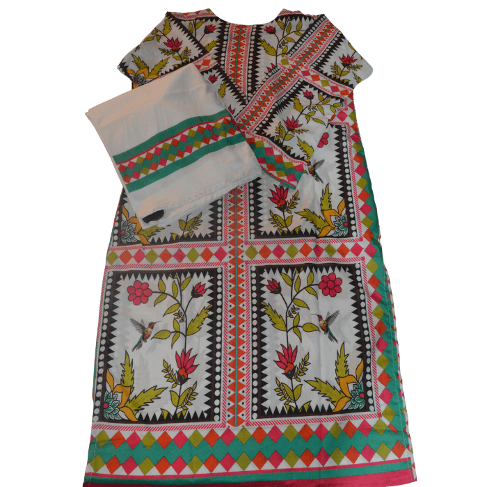 White printed co-ord set with hummingbird and floral folk print and geometric borders in black pink and green