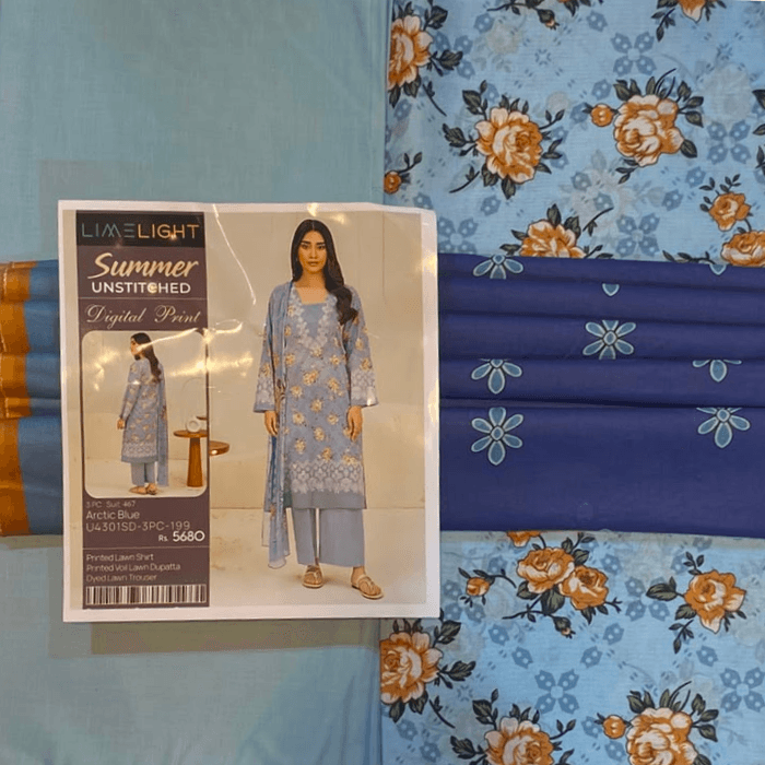 Limelight Printed Lawn Shirt Dyed Lawn Trouser And Printed Voil Dupata