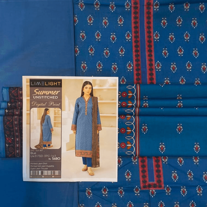 Limelight Printed Lawn Shirt Dyed Lawn Trouser And Printed Voil Dupata