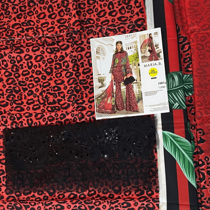 Maria B Fancy 3pc printed viscose shirt, dupatta and dyes trouser with  embroidery patches 