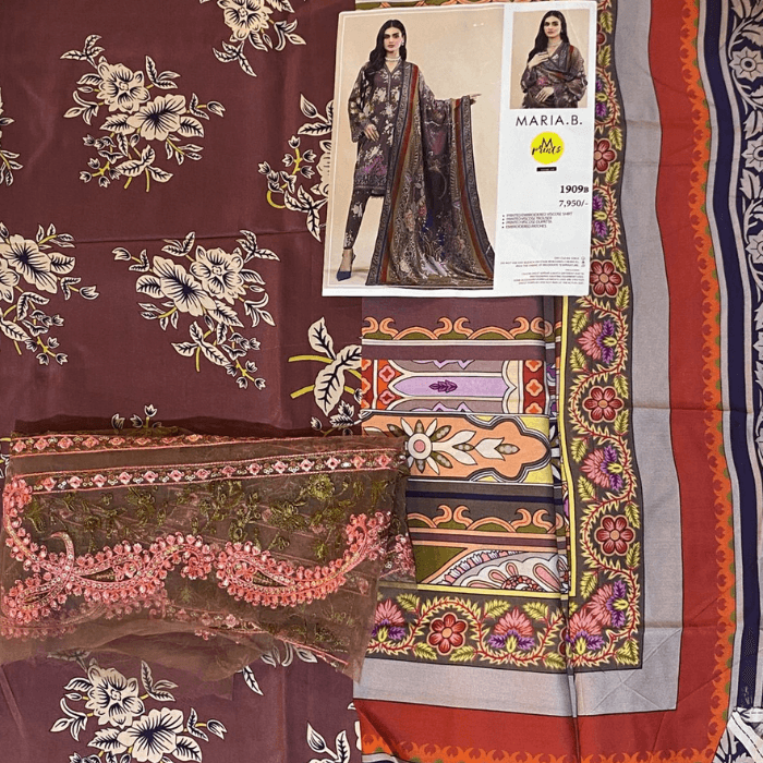 Maria B Fancy 3pc printed viscose shirt, dupatta and dyes trouser with  embroidery patches 